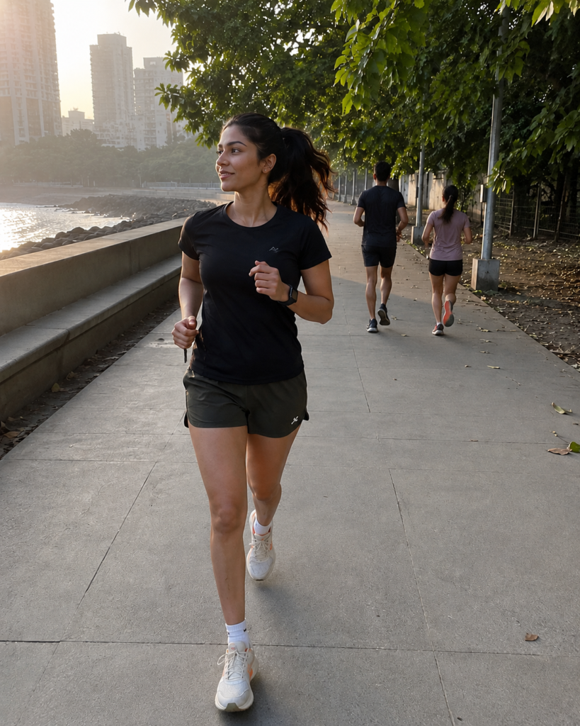 Zara Khan, health and fitness expert jogging along the water front